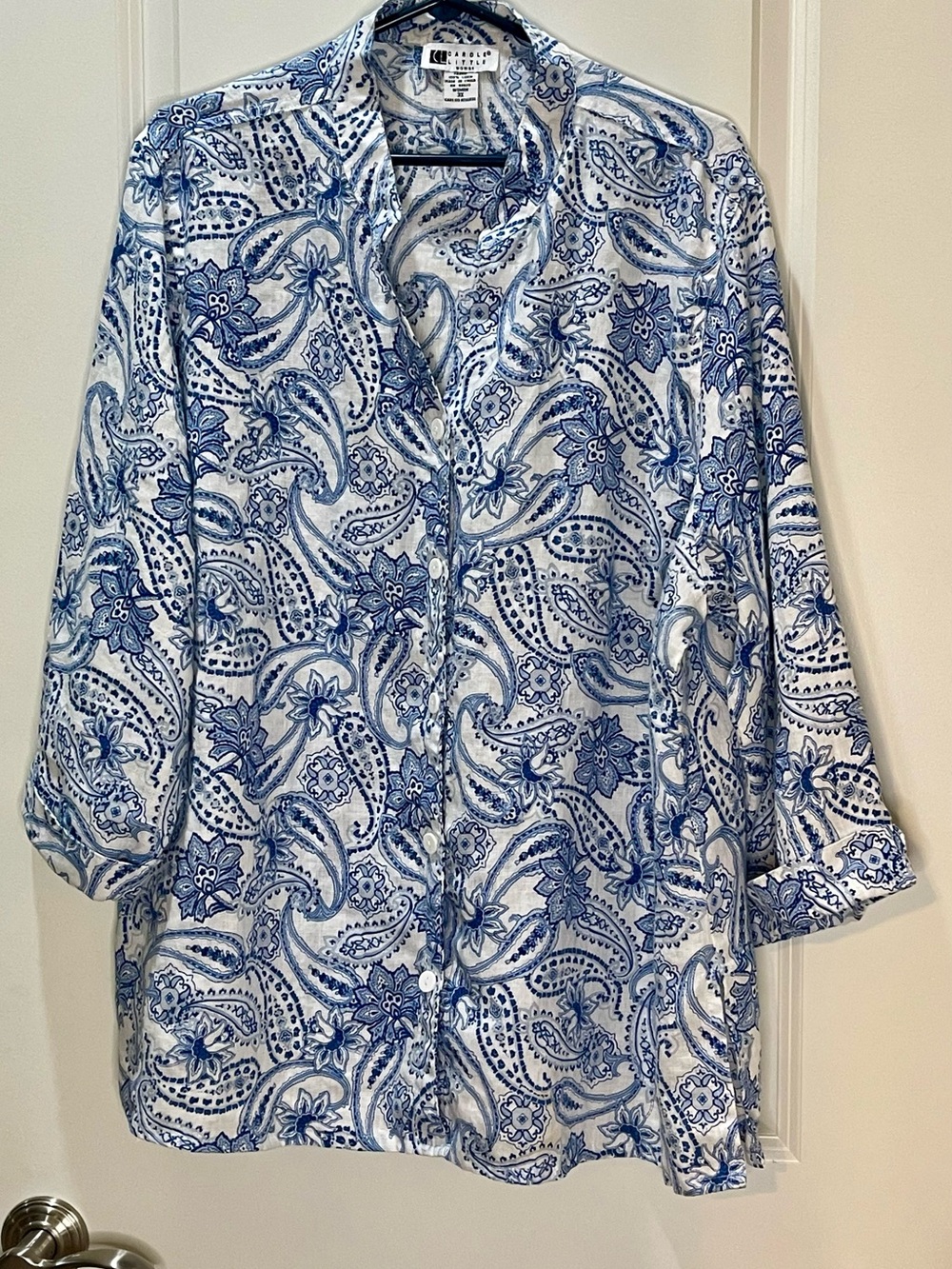 Carole Little 100% Linen Button-Front Blouse Blue & White Paisley 3X